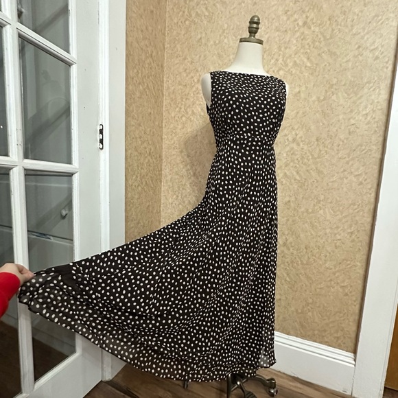 VTG Y2K 2000s Brown & White Polka Dot Mesh Layer Chiffon Sleeveless Maxi Dress - Picture 4 of 10